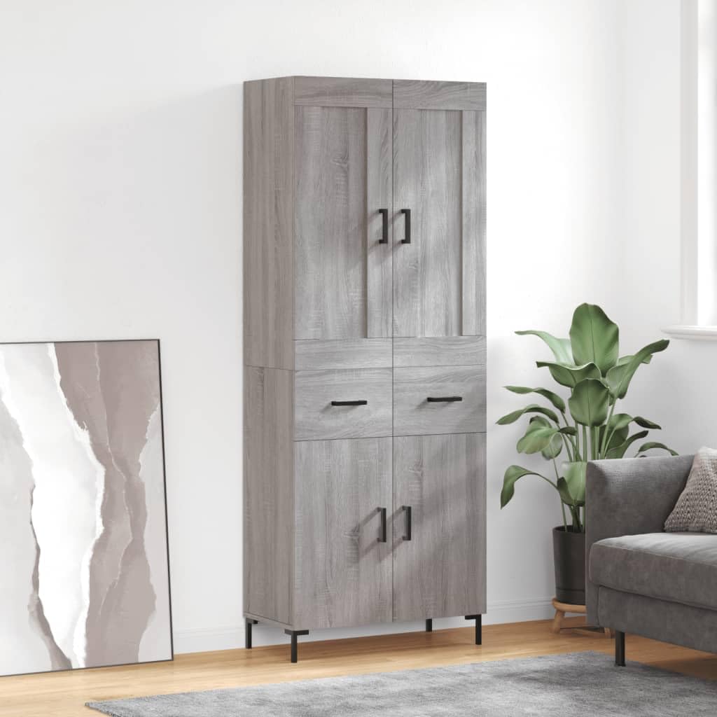 Wysoki kredens Sonoma szara sklejka wysoki kredens z żelaznymi drzwiami i nogami, eleganckie meble do przechowywania do organizacji domu 69,5 x 34 x 18