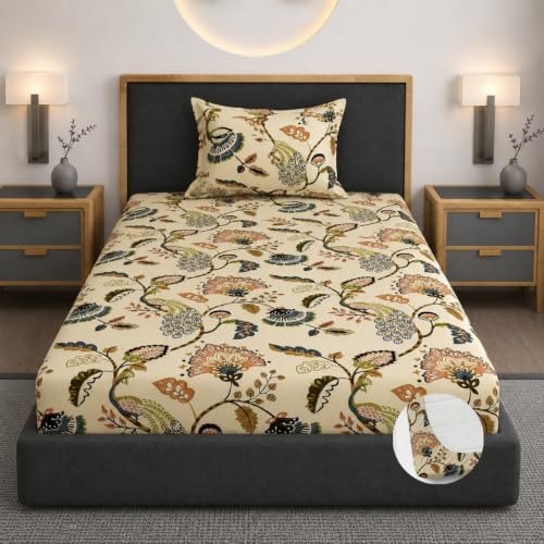 Image of Vaini Premium Heavy Cotton Elastic Fitted Bedsheets with 1 King Size Pillow Covers || Single Bed with All Around Elastic 350 TC || 36 x 78 x 6 Inch Single Size Fitted || :- Jaipuri Peacock