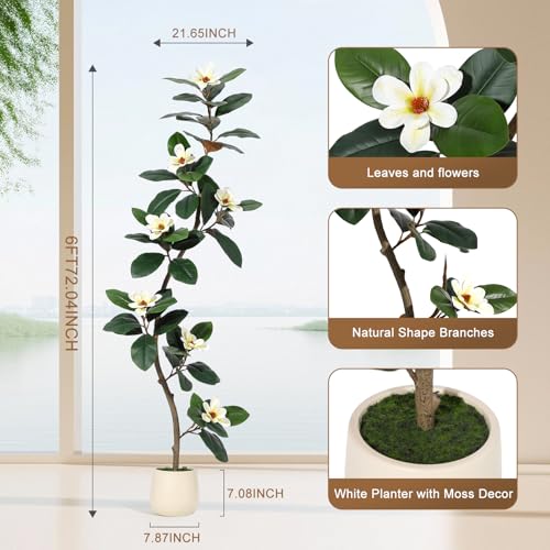 GAOMON 6FT Artificial Fiddle Leaf Fig Tree with Magnolia Flowers, Faux Plants with White Planter Pot, Faux Floor Plant, Indoor and Outdoor Rubber Tree for Home Office Decor