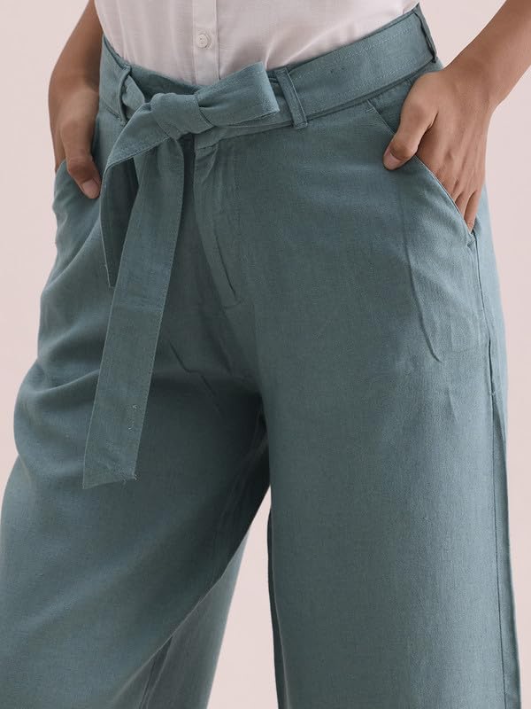 Image of GO COLORS Solid Linen Culottes for Women | High Rise, Side Pockets, Front tie-up