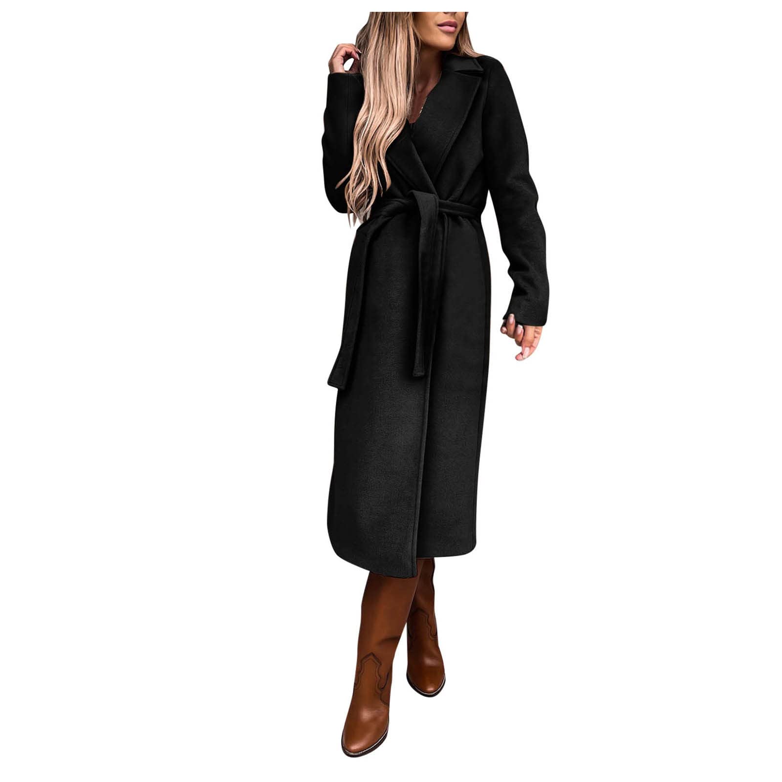 Generisch Abrigo de lana sintética de invierno para mujer, blusa, abrigo fino, chaqueta larga, cinturón largo y delgado, abrigo elegante