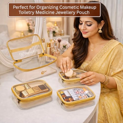 Image of Trendifly Set of 4 PVC Transparent Toiletry Travel Organizer Pouch for Women & Girls | Makeup Cosmetic Vanity Unisex Organiser Bag for Travelling | Jewellery Medicine & Shaving Kit Holder for Men