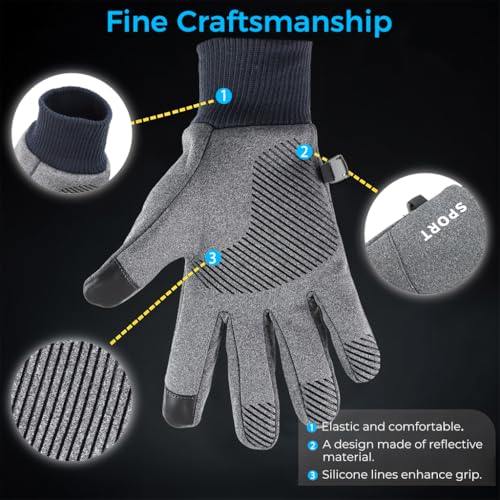Image of Zibuyu Grey Cycling Gloves, Warm Winter Gloves, Water-Repellent, Touchscreen Gloves, Windproof Running Gloves, Non-Slip for Men and Women, for Running, Cycling, Climbing, etc