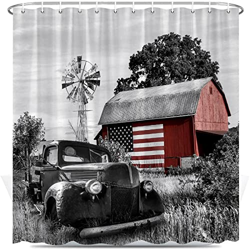 Xhceoh Antique Car Shower Curtain Vintage Old Truck American Classic Farm Rustic Farmhouse Wooden Barn Windmill Bathroom Bathtub Decor Polyester Fabric Set With 12 Hooks, 70 X 70 #TOP1