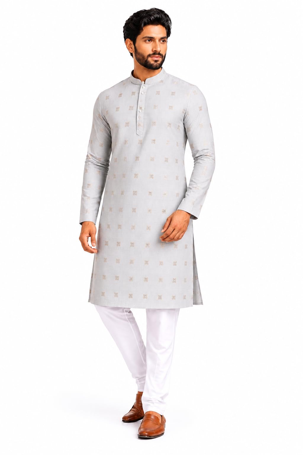 Men's Elegant Grey Printed Kurta Pajama set-image-1