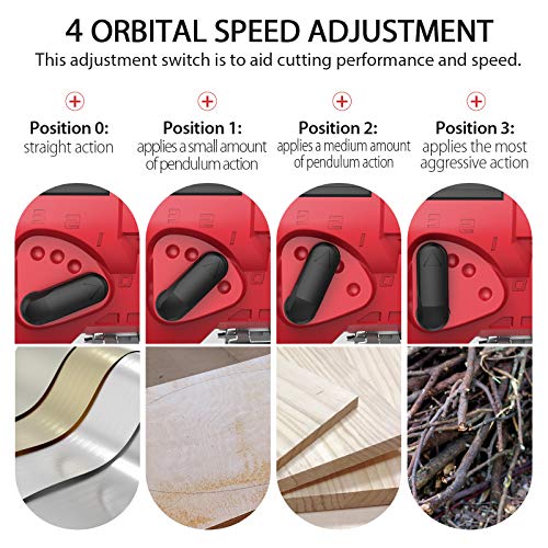 Jigsaw, 20V Cordless Jig Saw for Woodworking with LED, 4 Orbital, Variable Speed, ±45°Bevel Angle, 10PCS Blades, Scale Ruler, Tool-free Blade Changing, Battery & Carrying Bag & Fast Charger Included