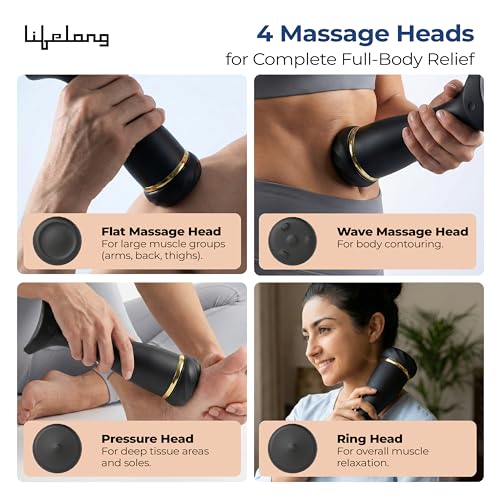 Image of Lifelong Flathead Massager | Body Massager for Pain Relief | 4 Specialized Heads for Targeted Therapy | 4 Speed Levels | Heat Therapy | Full Body Electric Percussion Massager for Adults | Black