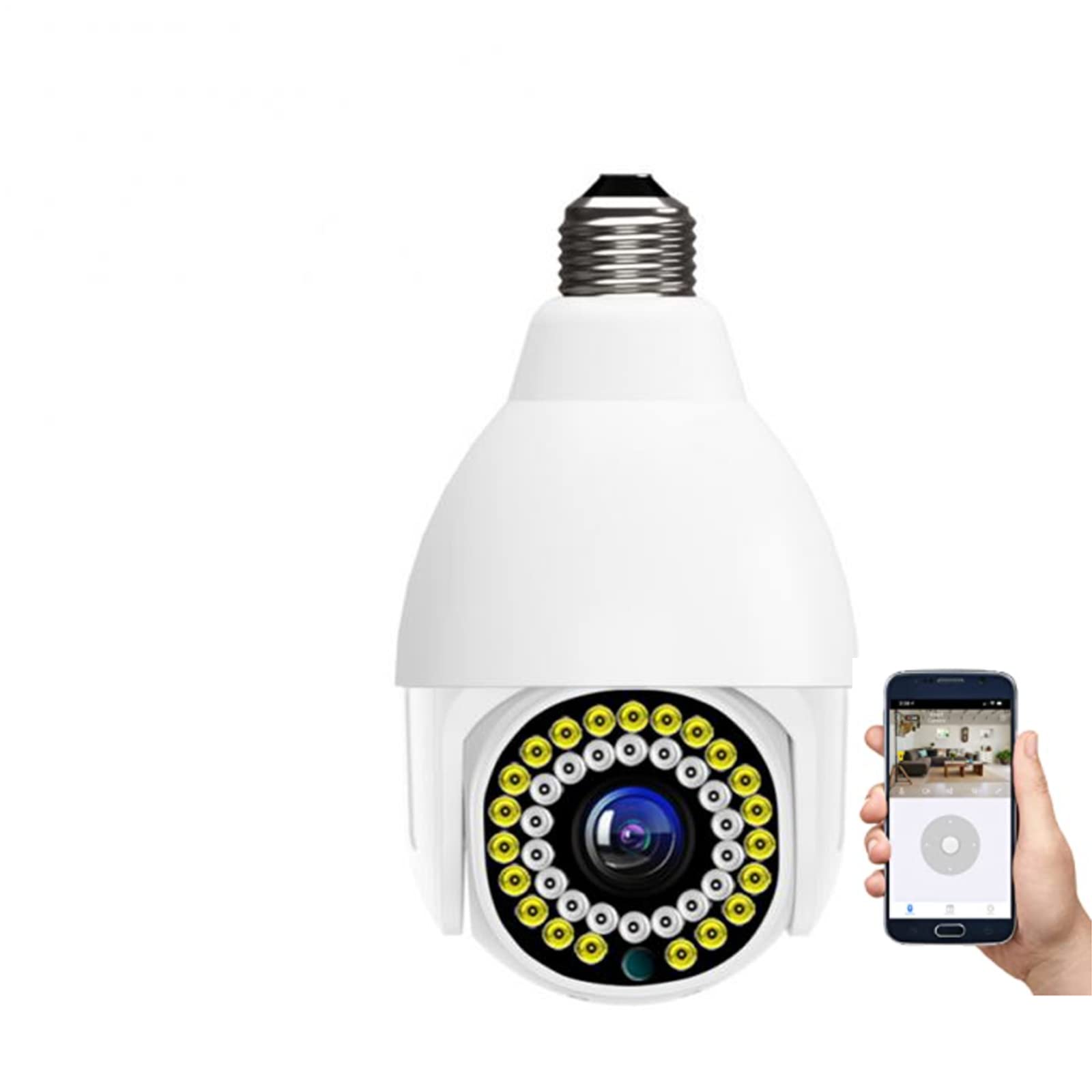 JJCC Cámara de seguridad con bombilla inteligente, 1080P WiFi PTZ cámara luz LED E27 bombilla Socket Power Color visión nocturna IP vigilancia auto seguimiento para uso en interiores y exteriores