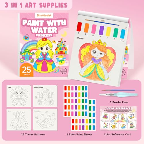 Image of Shuttle Art Paint with Water Coloring Book for Kids, 25 Princess Themed Pages with 2 Brushes, Mess-Free Watercolor Paint Set, Travel-Friendly Art Craft Gift for Toddlers, Birthday Christmas Gift