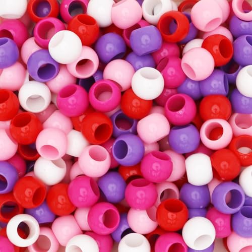300 Pink and Red Acrylic Large Hole Beads for Crafts and for Hair 10mm x 12mm Acrylic Barrel Beads with 5.7mm Large Hole, Valentine's Day Assortment