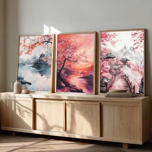 Image of kotart Big Aesthetic Japanese Nature Art View Framed Poster | Castle View Wall Framed Posters for Living Room Bedroom Wall Decor Set Of 3 (20x30 Inch)