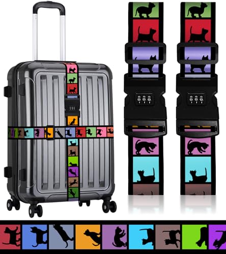 Image of Luggage Straps for Suitcases Travel Belt Luggage Band with Lock Heavy Duty Traveling Luggage Identifier Cat Colorful Cute Women Girls Unique Accesory Personalized