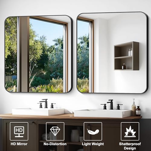 Image of Bathroom Mirror, 40 x 36 inch Black Rectangle Wall Mirror, Metal Frame Rectangular Vanity Mirror, Rounded Corner Wall Mounted Mirror for Modern Bedroom Living Room Hangs Horizontal /Vertical