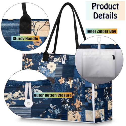 Abstract Blue Floral Tote Bag for Women Large Beach Bag Reusable Tote Bags for Work Travel Beach Shopping4