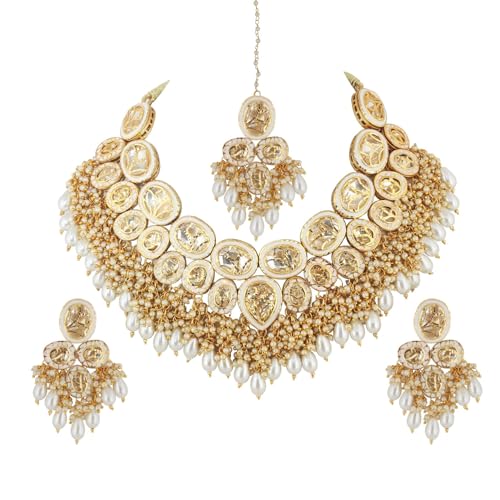 Image of Lucky Jewellery Back Meenakari 18k Gold Plated Set with Earring and Mang Tika Combo Uncut Big Faux Kundan Choker Necklace set (2415-J5SK-1815-PARENT)