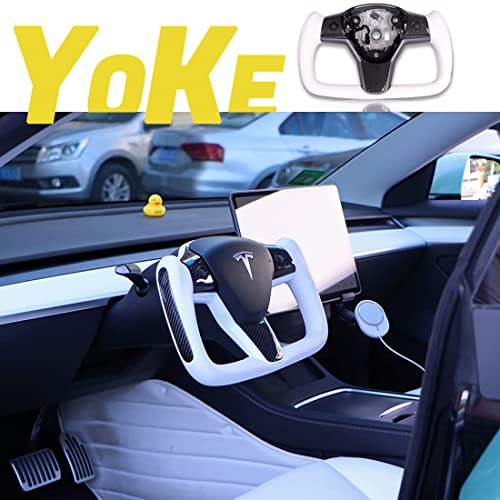 Hansshow Yoke Steering Wheel For Tesla Model 3 And Model Y Of All Years, Customization, Ellipse, Matte And Glossy Carbon Fiber Trim Panel Decorate Middle And Sides #TOP6