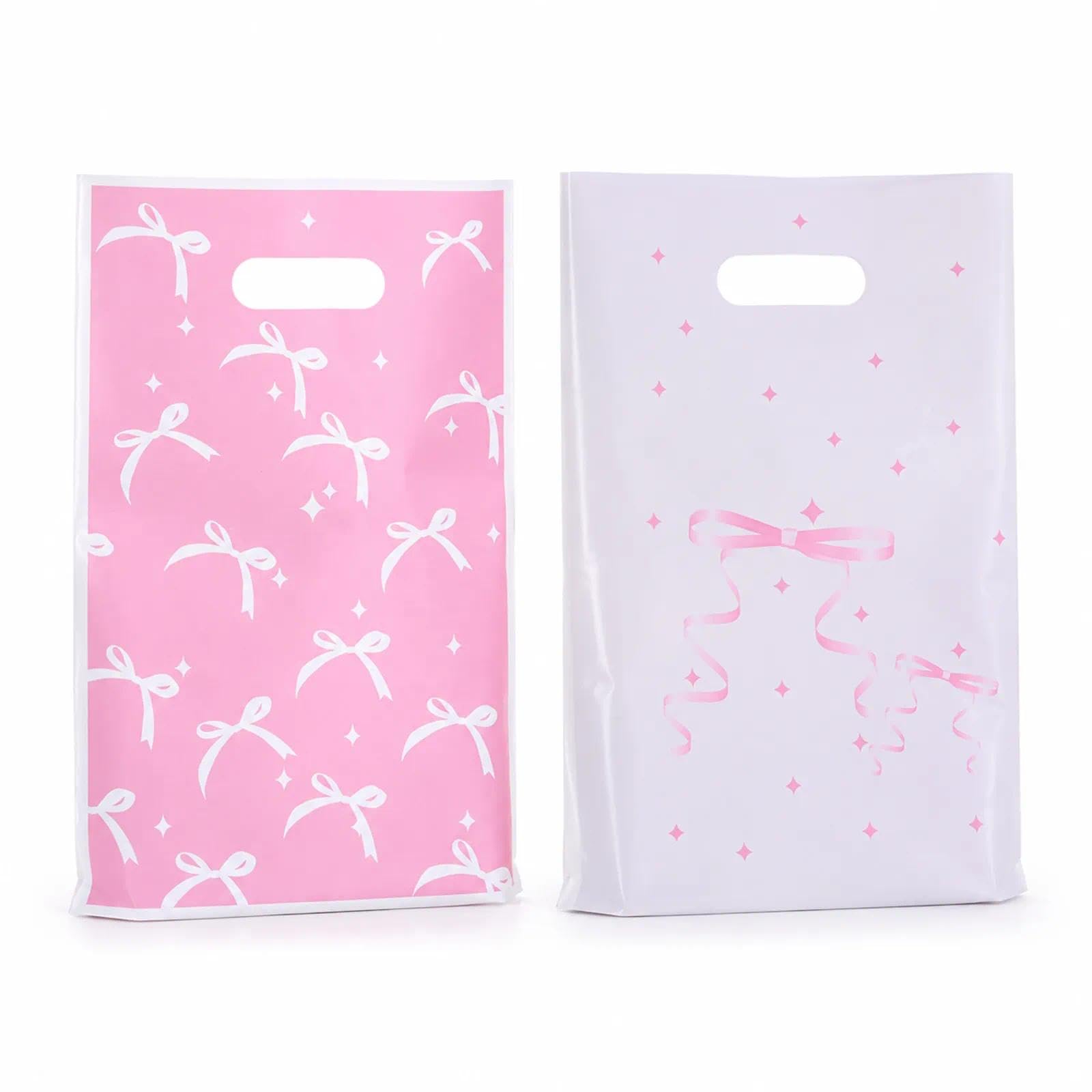50 Pcs Pink Bow Party Favor Bags, Pearl Film Gift Bags with Handles, B