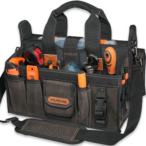 WELKINLAND 20-Pockets Electrician Tool Tote, 16"-Wide Open Top Tool Tote, Waxed-Canvas Electrical Tools Bag, Heavy-Duty Tool Bags For HVAC Tech, Stay-Up Technician Tool Bag