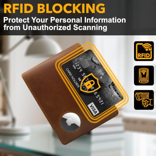 Airtag Wallet, Full Grain Genuine Leather Bifold Mens Wallet, 2-ID Window, 12-Card Slots, Minimalist RFID Blocking Wallet for Men (Distress Brown)3