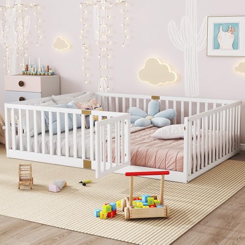 Image of Bellemave Full Size Kids Montessori Floor Bed Frame with Door and Slats,Solid Wood Floor Bed Frame with Slats and High Fence for Kids,Girls,Boys,White