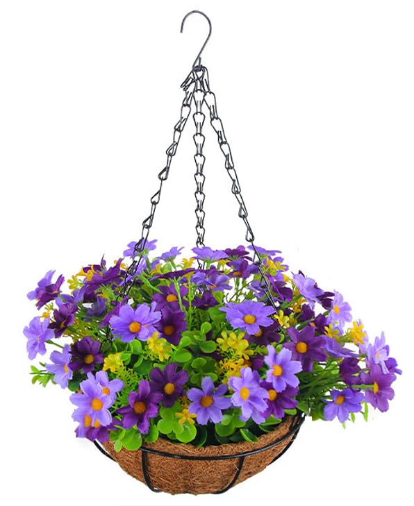 Artificial Hanging Flower Basket, 80 Heads Faux Hanging Baskets Outdoor with Pot, Realistic Hanging Basket Plants for Garden, Balcony, Porch & Indoor Home Décor (Purple)
