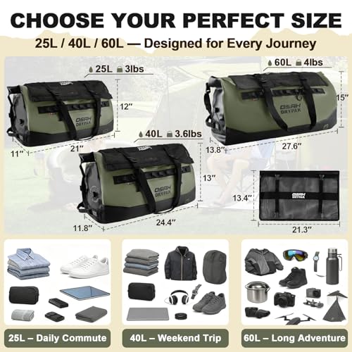 Image of OSAH DRYPAK Waterproof Duffel Bag 25L /40L /60L - Heavy-Duty Motorcycle Tail Bag, Roll-Top Dry Bag for Travel, Camping, Boating, Kayaking, Outdoor Adventure
