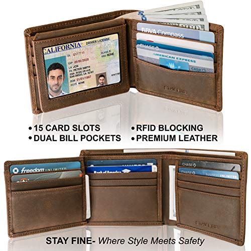 STAY FINE Men's Trifold Leather Wallet RFID Extra Capacity Billfold with 14 Card Slots, 1 ID Window, Brown - Image 5