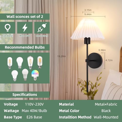 Image of Black Wall Sconces Sets of 2, White Pleated Fabric lampshade Matte Wall Lamp, Column Bracket Wall Lighting, Bathroom Dresser Hardwired lamp Fixture, Applicable to Living Room, Bedroom and Dining Room