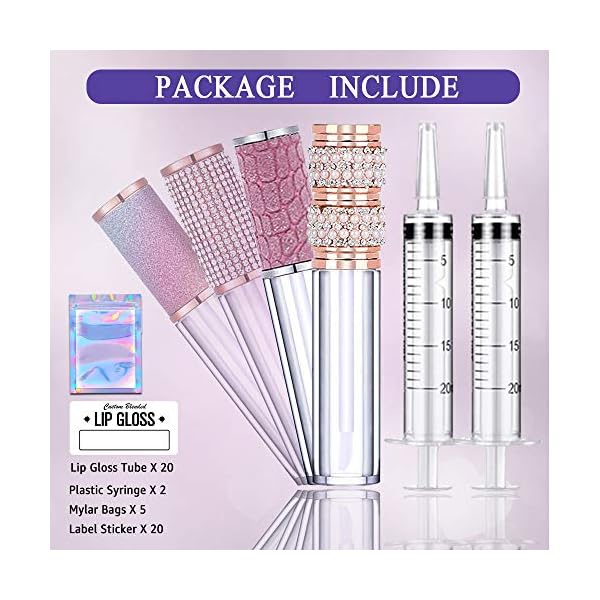 20-Pack-Diamond-Lip-Gloss-Tubes-with-Wand-5ml-Empty-Rhinestone-Lip-Gloss-Containers-Cute-Lipgloss-Bottles-Crystal-Lip-Gloss-Supplies-Kit-2pcs-Syringes-5pcs-Mylar-Bags-Labels-for-DIY-Lip-Gloss-Base AMORIX 20 Pack Diamond Lip Gloss Tubes with Wand 5ml Empty Rhinestone Cute Lipgloss Bottles/Containers Crystal Lip Gloss Supplies Kit + 2pcs Syringes + Labels for DIY Lip Gloss Base
