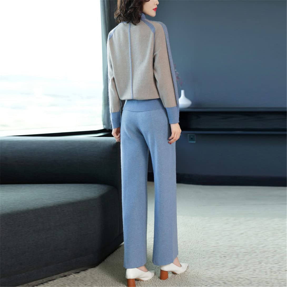 Ensemble pull en tricot bleu deux pièces tendance chaud à col roulé et pantalon à jambes larges pour automne décontracté, bleu, XL