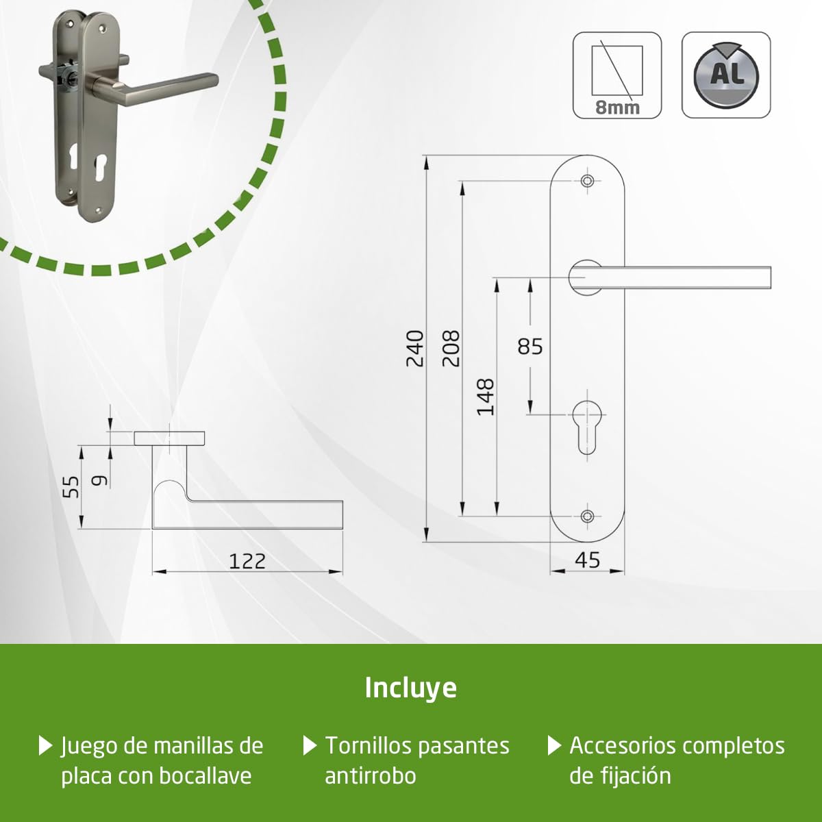 Amig - Pack de 4 Manillas con placa Mod. MAI PB85 - Para puertas interiores - Cuadradillo 8 mm - Bocallave 85 mm - Placa 240×45 mm - Aluminio - Acabado níquel cepillado