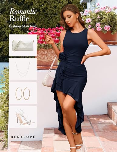 Image of BeryLove Formal Mesh Sexy Ruched Bodycon Midi Dresses Elegant Sleeveless Ruffle Hem Cocktail Party Summer Dress 7090 Navy M