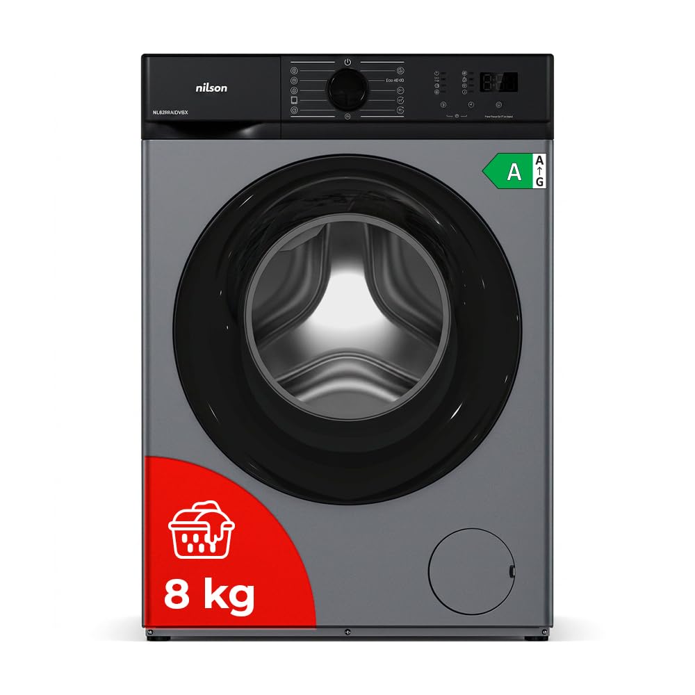 Nilson Lavadora 8Kg Carga Frontal Inox NL8200AIDVBX. 1200 rpm, Motor Inverter, 15 Programas, Eco-logic System, Tambor Acero Inoxidable, Clase de Eficiencia Energética A