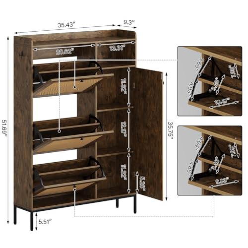 Image of Rattan Wooden Shoe Cabinet, Freestanding 3-Flip Drawer Shoe Storage Organizer, Side Cabinet & Top Fence, Easy Assembly Shoe Rack for Entryway Hallway Living Room, Tree Pomegranate