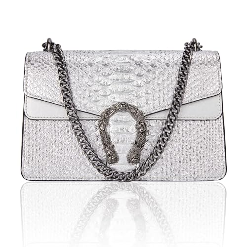 Image of Crossbody Shoulder Square Purse For Women - Fashion Embossed Snake-Print Leather Handbag Metal Chain satchel Tote Bag