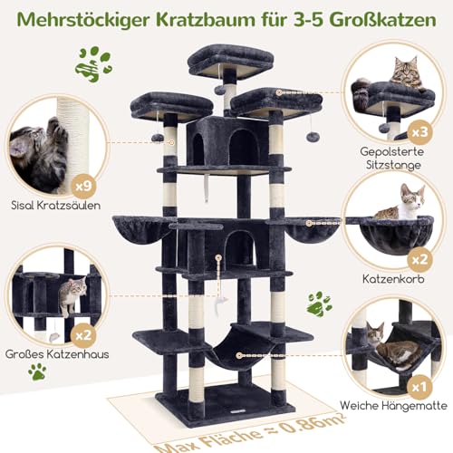 Globlazer-Kratzbaum-Grosse-hoch-204-cm-mit-3-Gepolsterte-Sitzstangen-2-Hoehle-2-Korb-Haengematte-Luxus-Katzenbaum-Stabil-fuer-3-5-Erwachsene-Katze-Ausruhen-Spielen-Kratzen-Innen-F80-Dunkelgrau - sparfuchs24.io – Top Angebote, Tests & Preisvergleiche