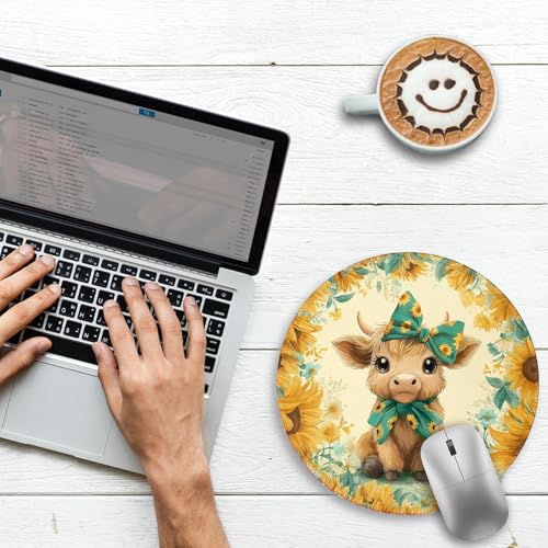 Image of Gctriki Highland Cow Mouse Pad for Desk, Funny Round Mousepad for Laptop Gaming Stitched Edge Non-Slip Rubber Base, Cute Sunflower Bow Highland Cow Decor Gifts Office Desk Accessories for Women