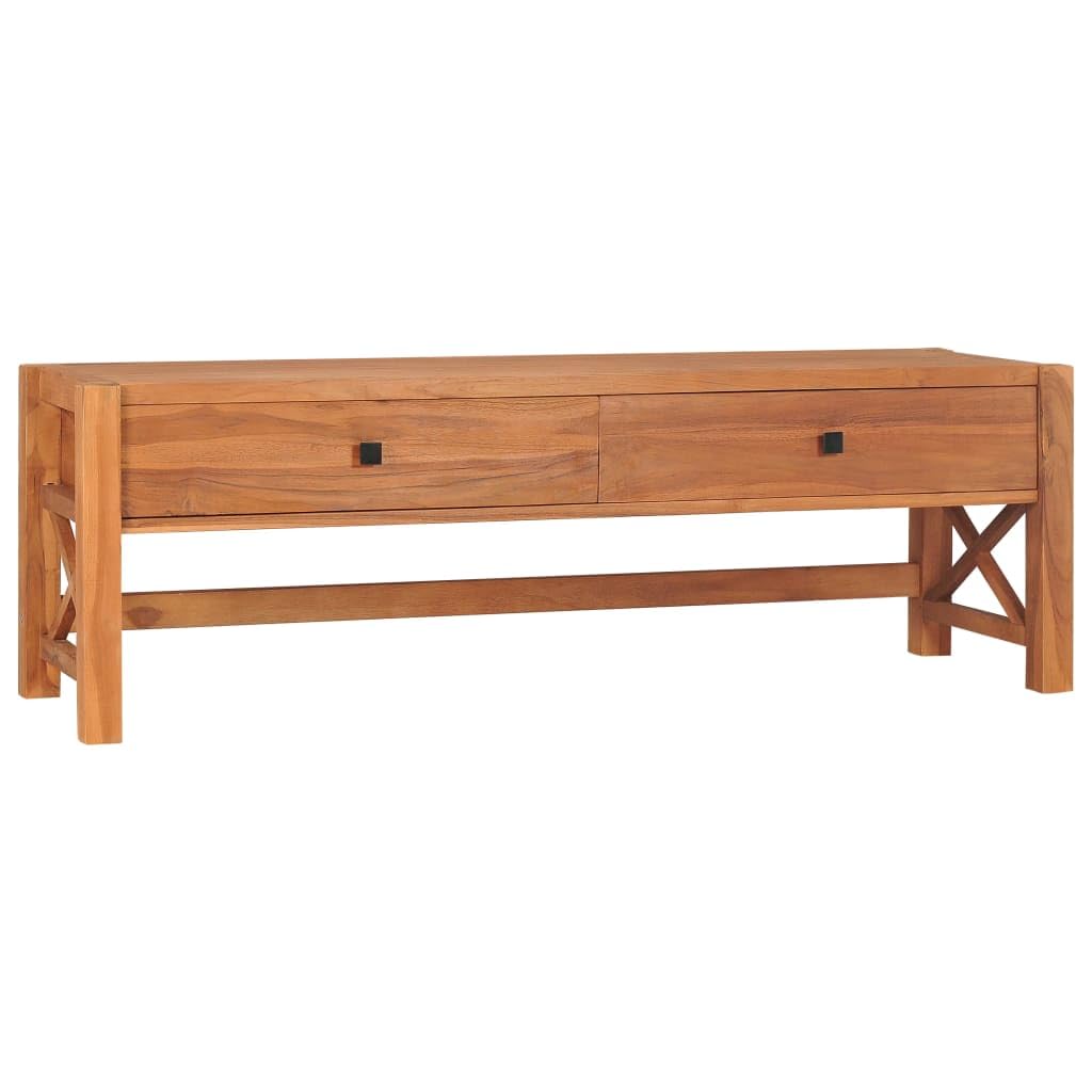 Szafka pod telewizor z naturalnego drewna tekowego, 140 x 40 x 45 cm, z 2 szufladami, rustykalny mebel do salonu, stojak na sprzęt AGD i przedmioty dekoracyjne, konstrukcja X