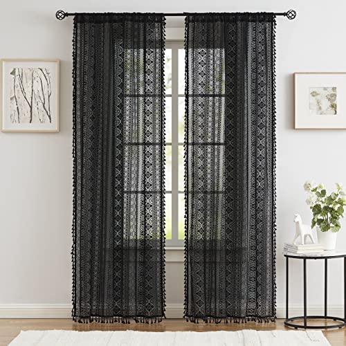 Black Boho Linen Textured Tassel Sheer Lace Curtains, Chic Crochet Geometry Knitting Rod Pocket Window Drapes for Living Room Bedroom, 2 Panels,84" L x 40" W - Image 4