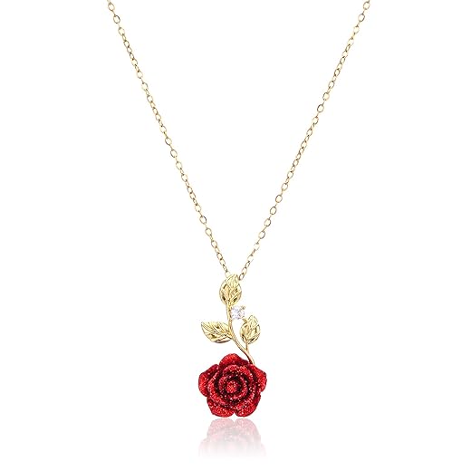 Rose Necklace, Red Rose Necklace Gold Jewelry for Women Aesthetic Flower Pendant for Wife Girlfriend Dainty Necklaces for Birthday Valentine Gift Cute Red Floral Necklaces