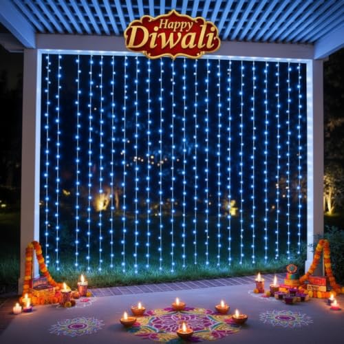 Image of MIRADH 180 LED 9.8 Feet Window Curtain String Light Wedding Party Home Garden Bedroom Outdoor Indoor Wall Decorations, (Blue Led Curtain 3M x 3M)