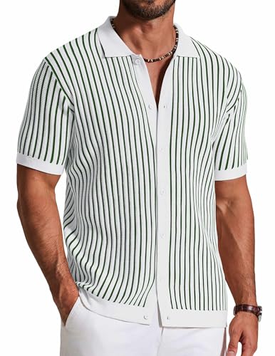 Image of COOFANDY Mens Knit Button Down Shirts Short Sleeve Polo Shirt Vintage Striped Casual Shirts