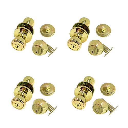 NuSet Contractor Combo Lockset, 4 Sets of Keyed Entry Door Lock with Single Cylinder Deadbolt, Same Key, Polish Brass … (with Single Cylinder Deadbolt)