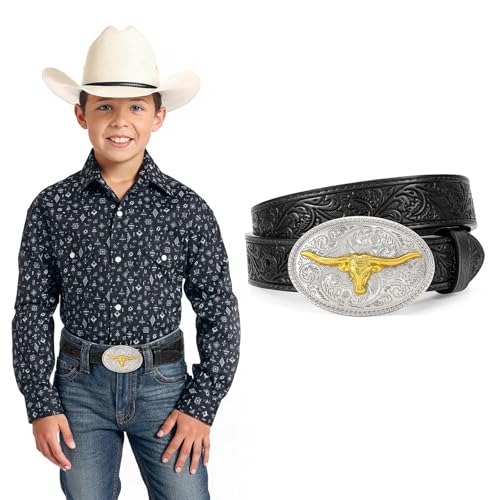 JKEEMI Kids Western Belt for Boys Girls Embossed Genuine Leather Cowboy Cowgirl Belt for Jeans Pant Dresses Gift