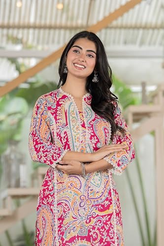 Image of Women's Cotton Straight Kurti with Geometric Print, 3 /4 Sleeves, Lace Trim Detail, Regular Fit, Casual Wear