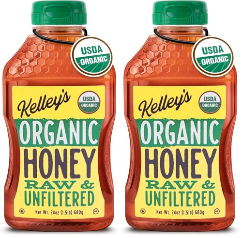 Kelley's 100% Organic Raw & Unfiltered Honey, USDA Certified, 24 Oz – All Natural, Flavor-Rich Honey for Fruits, Yogurt, Smoothies, Acai Bowls, Tea – Natural Sugar Substitute (Pack of 2)