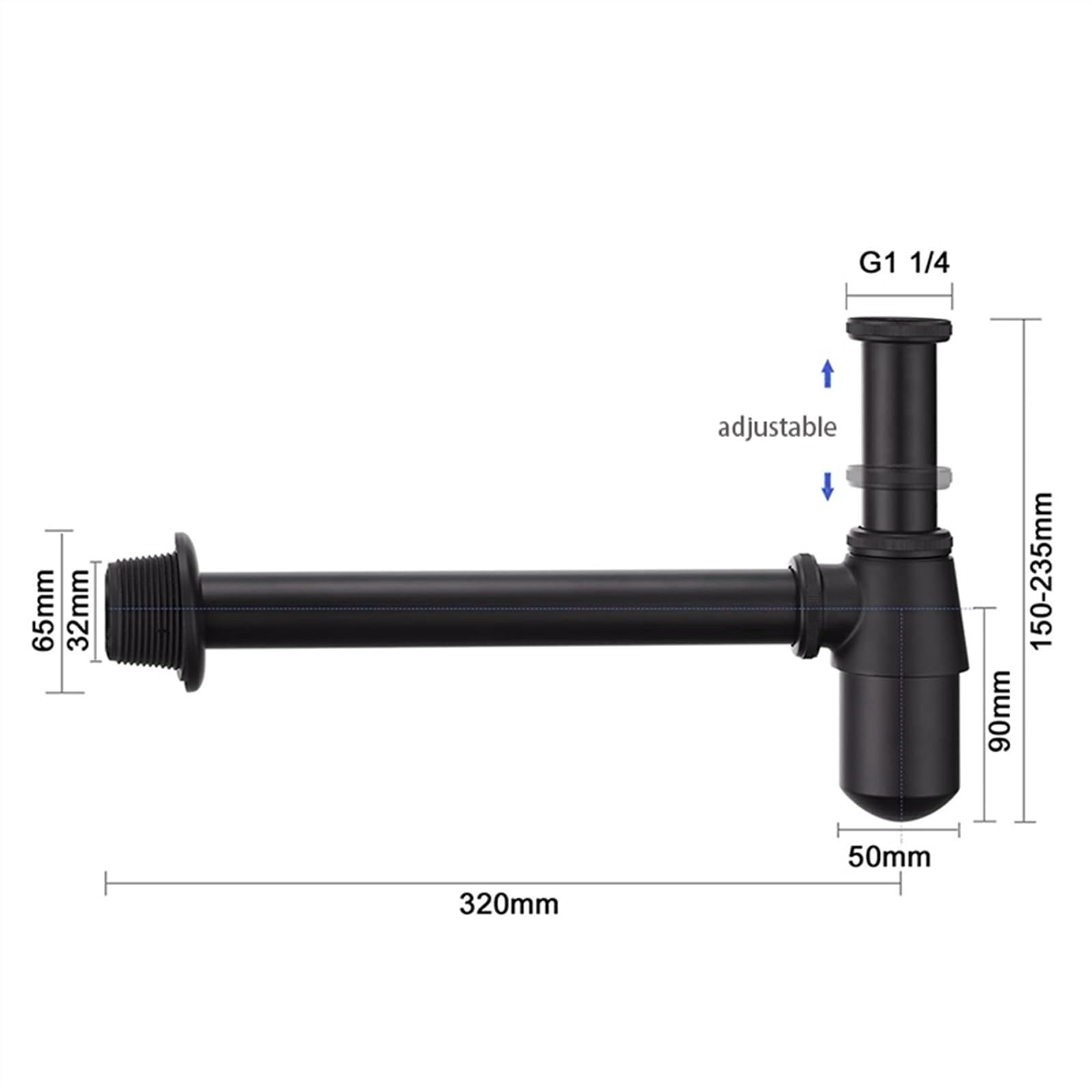 Sifone per Lavello Scarico a Parete for lavabo da Bagno P-Trap Regolabile 1-1/4 sifone for Bottiglia Scarico Regolabile for lavabo.(Black)