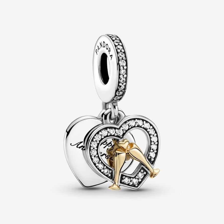 PANDORA Two-Tone Happy Anniversary Dangle Charm - Compatible Moments - Jewelry for Women - Gift for Women - Sterling Silver, Gold & Cubic Zirconia - With Gift Box - Image 2