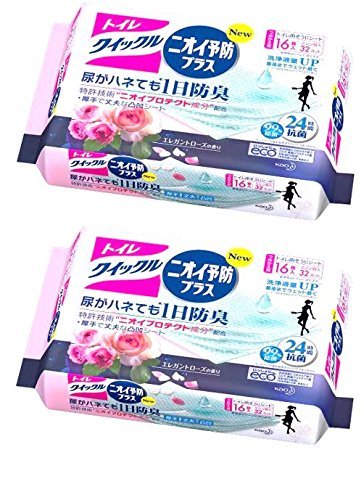 【まとめ買い】花王 新トイレクイックル トイレ用洗剤「ニオイ予防プラス エレガントローズの香り」詰替用 16枚入× 2個(計32枚)