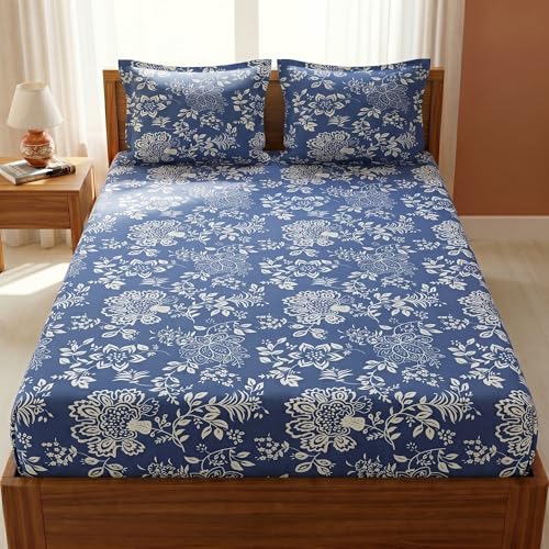 Image of Mafatlal 125 GSM Merino Double Bedsheet with Pillow Covers |90 x 100 Inches | Soft, Breathable & Lightweight | Blue